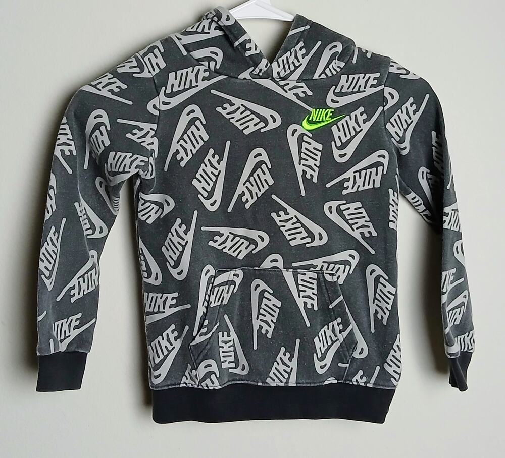 Nike Boys Hoodie Youth Gray All Over Print Logo Fleece Sweatshirt Lime Accent